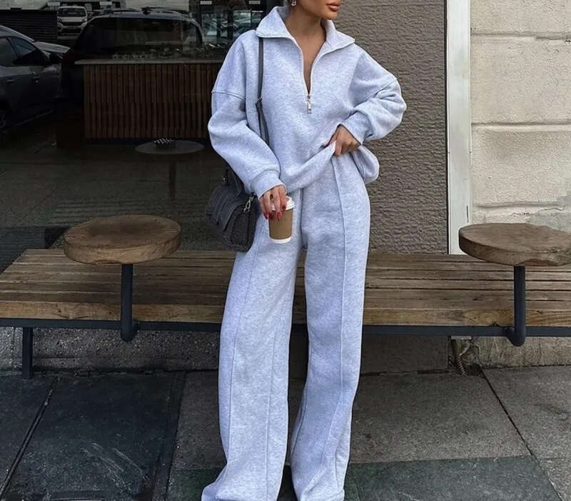 Designer Women's Fashion Half Zipper Sports Hoodie Loose Casual Autumn/Winter Pants Two Piece Set 2026