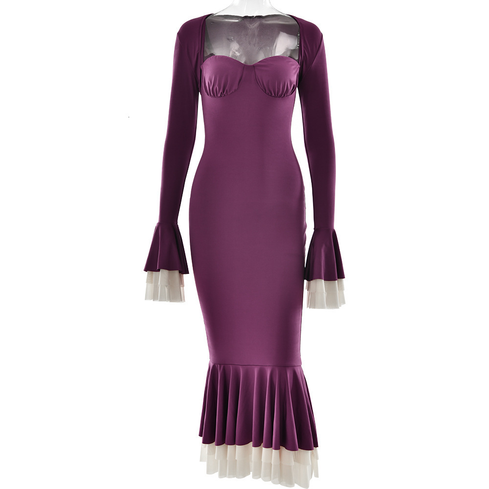 Asia Mesh Satin Dress Long Sleeve See Through Patchwork Cut out Boned Pads Midi Corset Sexy Women Party Bodycon es 220507