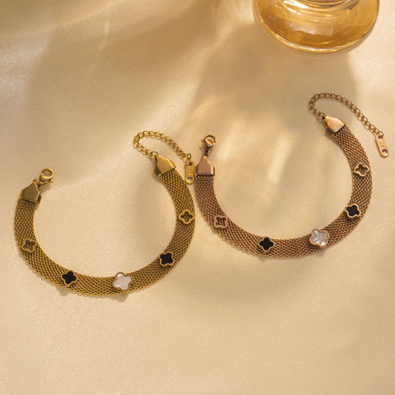 Lucky Four-Leaf Flower Bracelet for Women Titanium Steel White Shell Ins Internet Celebrity Niche Design Korean Fashion Personality Versatile Bangle