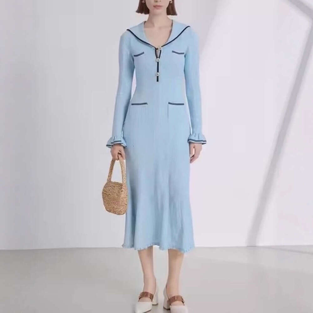 Autumn and winter designer fashion navy blue collar contrasting color fashion slim fit pleated sleeves knitted long skirt