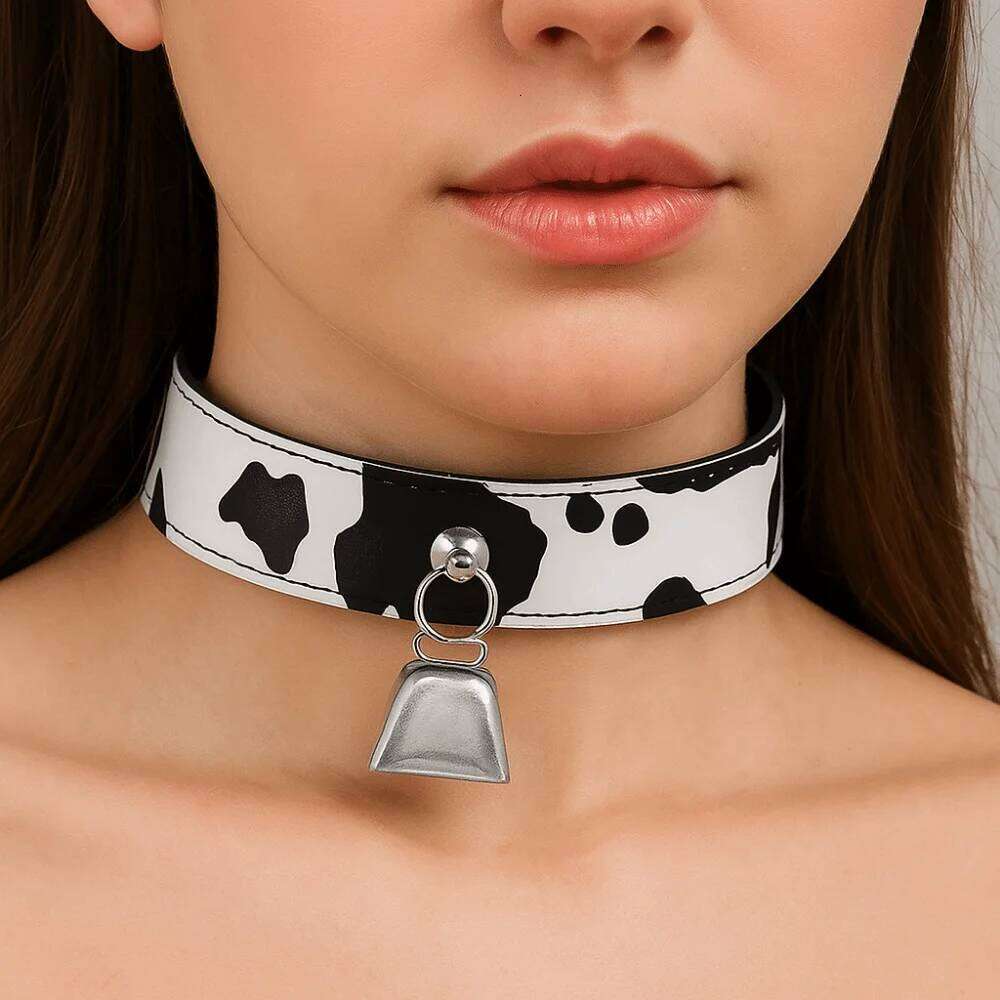 Sexy Leather Choker Cow Print Adjustable Bell Collar Women Necklace