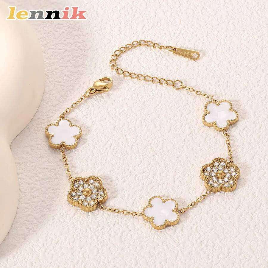 Five-Leaf Clover New Mother-of-Pearl, Sparkling Exquisite LENNIK Bracelet, 18K Plated Rhinestone Womens, Limited Offer Z260225