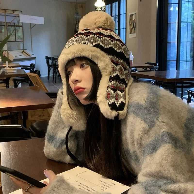 Winter Thickened Fleece-Lined Warm Lei Feng Hat for Women Knitted Jacquard Pattern Earflap Hat Northeast Cold-Proof Versatile Casual Hat S260225IERY