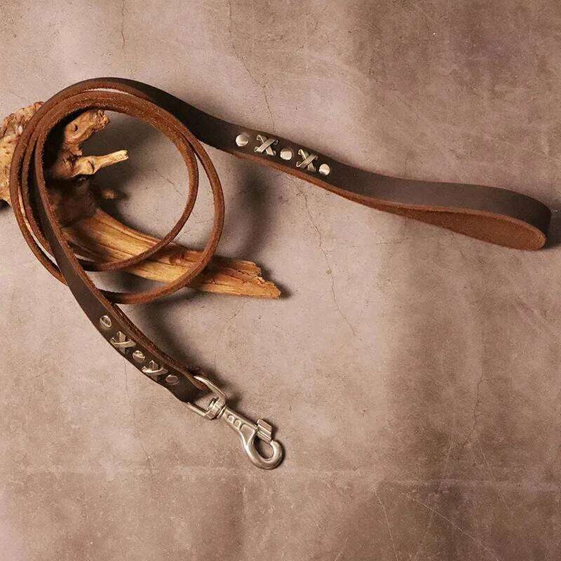 Vintage Leather Dog Set - Handcrafted Genuine Cowhide Collar & Lead Golden Retriever Malamute, Retro Training Gear for Large