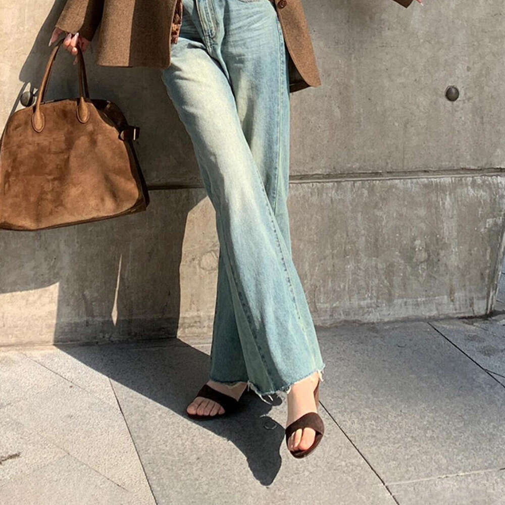 Vintage Simple Open-Toe Outdoor for Women Round Toe Slip-On Wood Grain Wedge Suede Slide Sandals L260210