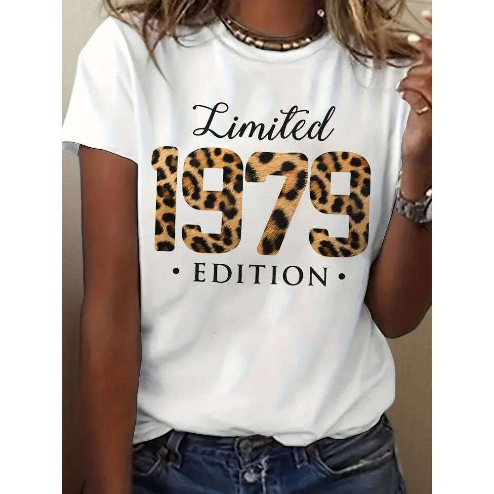 Women 1979 Retro Letter TShirt Round Neck Short Sleeve Top Gold Accent Casual Leopard Print Shirt Everyday Comfort C260226