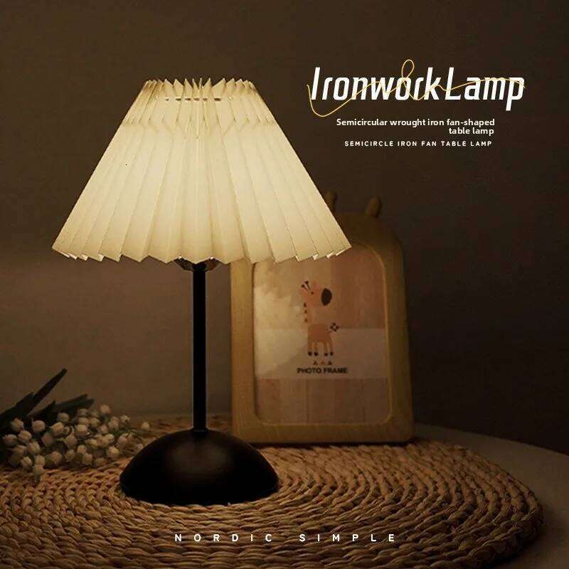 Nordic Creative Retro Table American Metal Dormitory Bedroom Sleeping Bedside Lamp Pleated Umbrella Night Light Atmosphere H260225