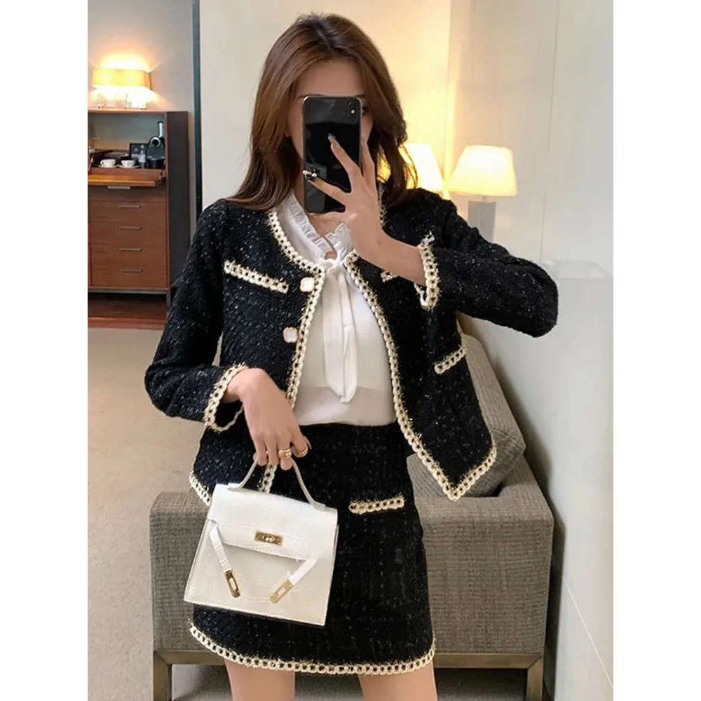 New spring women's black twill retro short top jacket mini skirt slim fit set