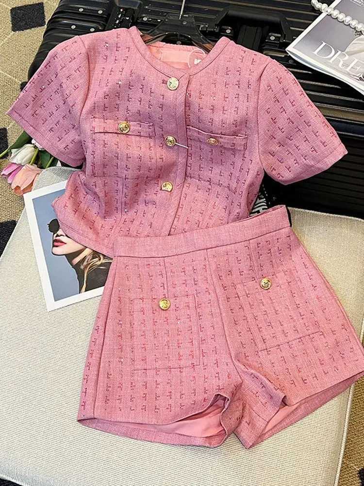 BESTBAFU Pink Tweed 2 Piece Set for Women, Short Sleeve Jacket & High Waisted Shorts, Summer Fashion Outfit 003PT260226