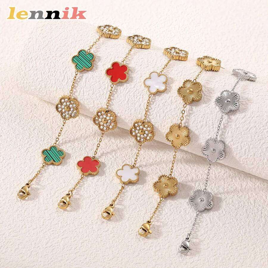 Five-Leaf Clover New Mother-of-Pearl, Sparkling Exquisite LENNIK Bracelet, 18K Plated Rhinestone Womens, Limited Offer Z260225