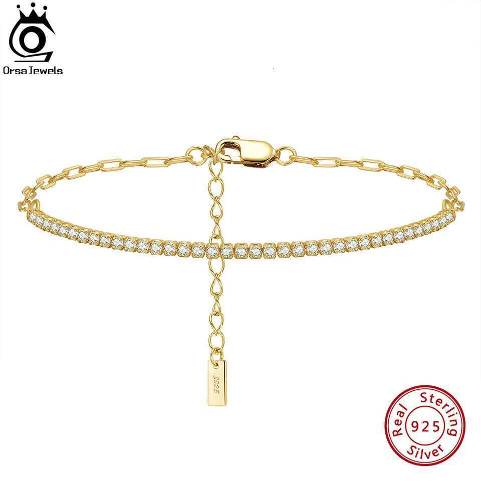 ORSA JEWELS 14K Gold Plated Paperclip Chains Tennis Bracelet For Women 925 Sterling Silver Handmade Bracelets Jewelry SB141 Z260225
