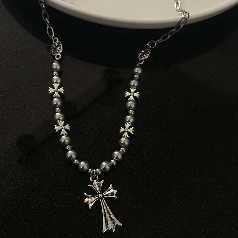 Vintage Cross Beaded Necklace For Women Ins Hip-hop Personality Accessories Sweater Chain