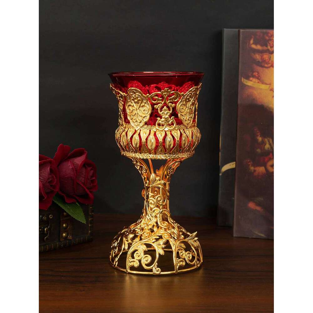 Cross-border hot selling metal red glass bowl cup European style ornament candle holder W260226