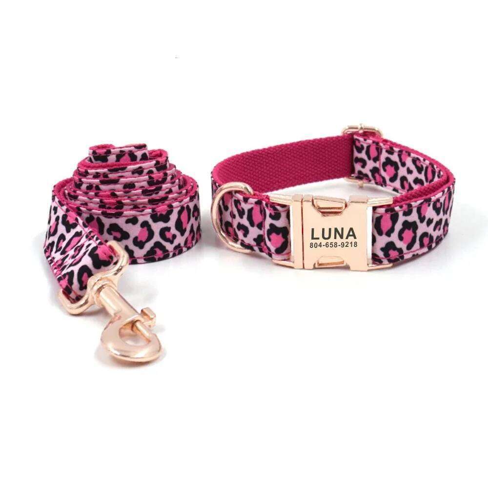 Personalized Dog Customized Collars Free Engraving ID Nameplate Tag Pet Accessory Pink Leopard Puppy Collar Leash