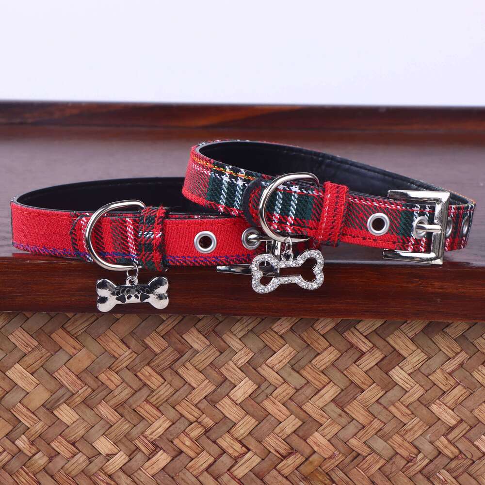 Scottish Plaid Classic Red PU Leather Earthy Yellow Twill Dog Supplies Adjustable Pet Collar