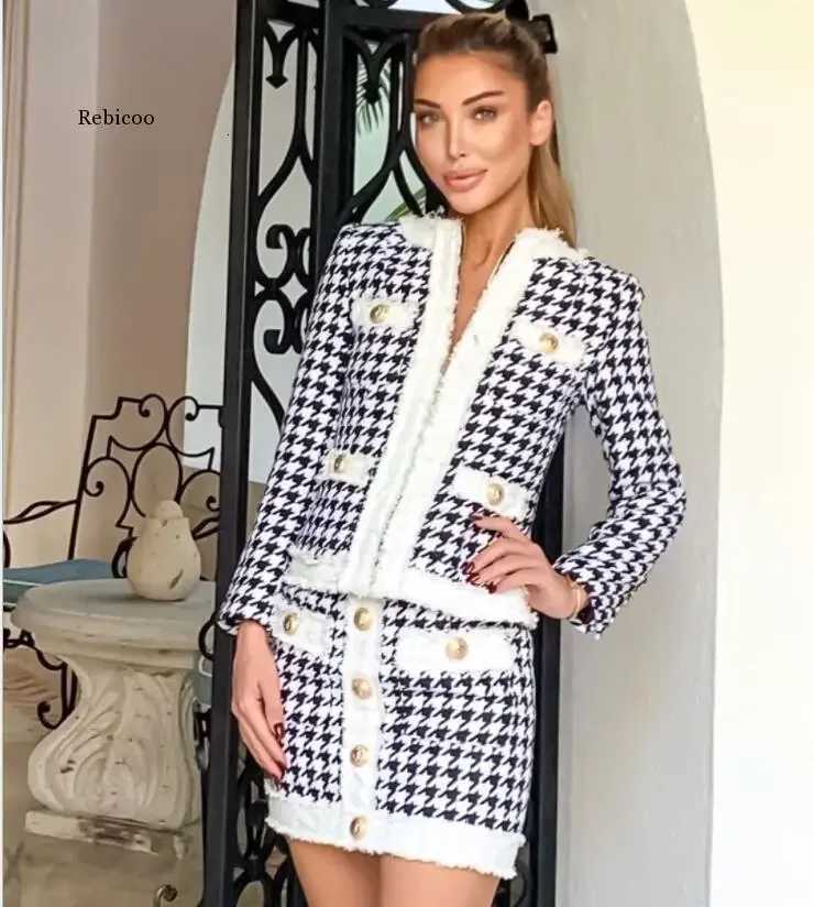 Women's Houndstooth Tweed Two Piece Set, Frayed Trim Gold Button Jacket & Mini SkirtT260226