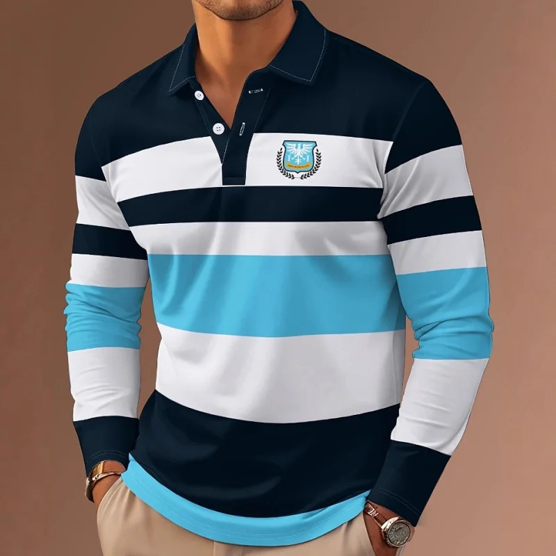 Mens Striped Rugby Long Sleeve Polo Collar Business Casual Outdoor Street Dailywear 3D Print Spring Fall Shirts Clothing 260129