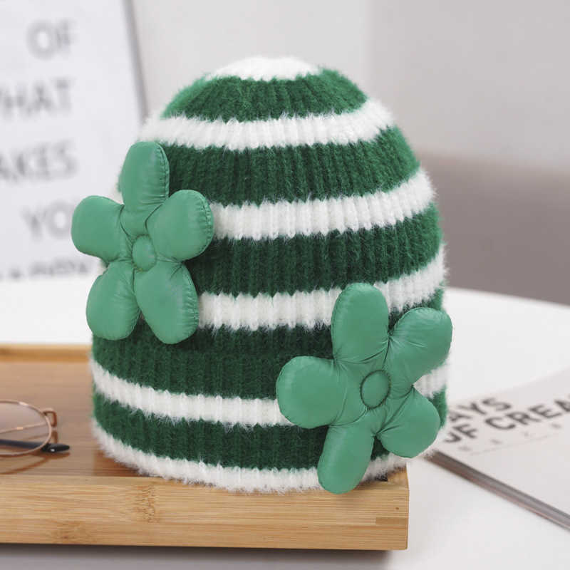 Womens Autumn and Winter Floral Striped Knit Hat Korean Style Trendy Versatile Warm Ear-Protecting Woolen Hat Internet Celebrity Headwrap Cold Weather