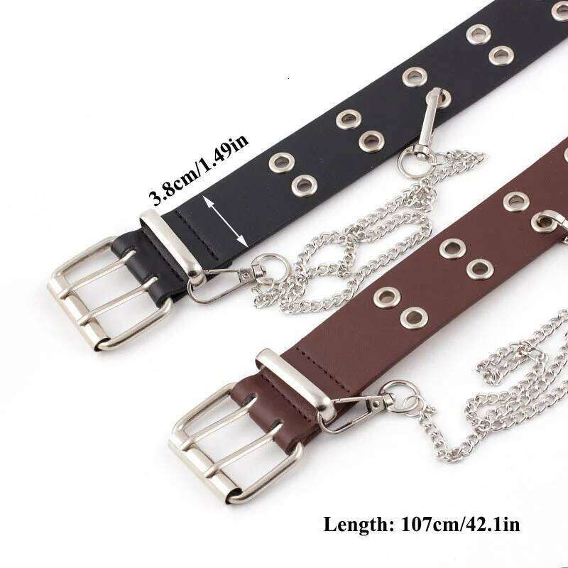 Women Punk Chain Leather Adjustable Double/Single Row Hole Pin Buckle Waist Belts Jeans Cinturones Decorative Belt Y260225