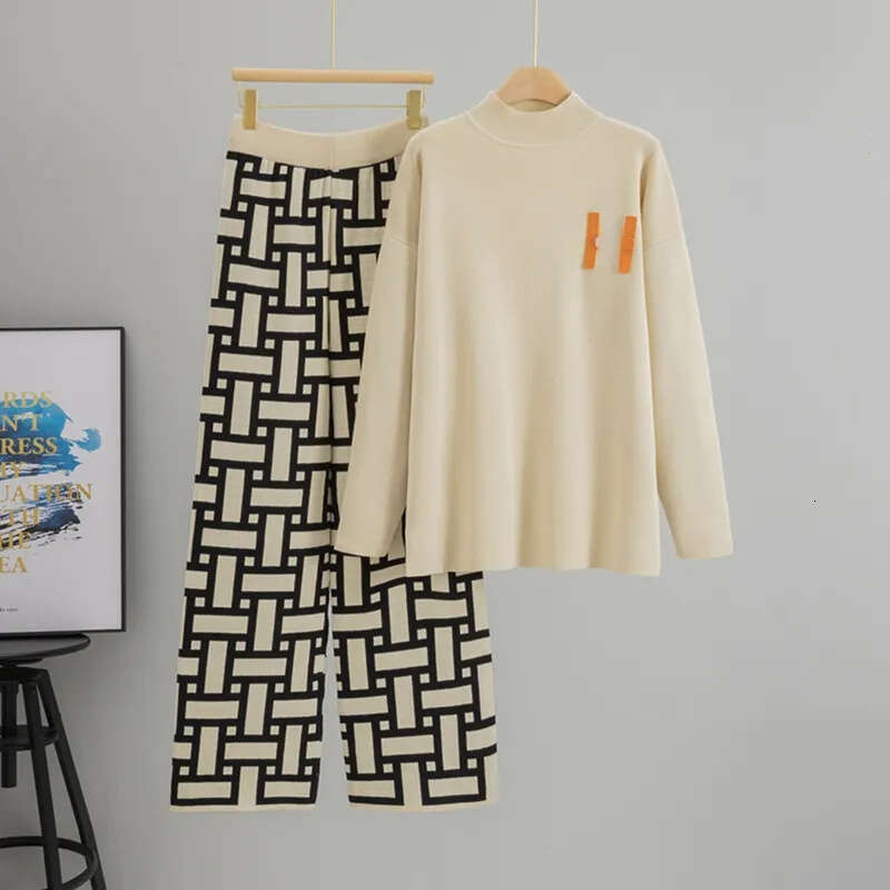 2026 Designer Women's Half High Collar Knitted Sweater Set, Casual Wide Leg Pants Two Piece Set