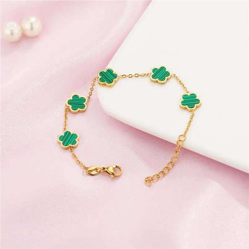 G&D Luxury Green Flower Charm High Quality Gold Color Stainless Steel Clover Bracelet for Women Jewelry Non Fade Party Gift Z260225