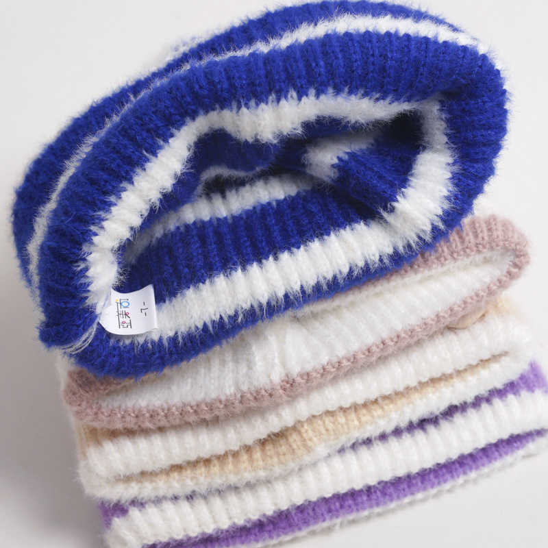 Womens Autumn and Winter Floral Striped Knit Hat Korean Style Trendy Versatile Warm Ear-Protecting Woolen Hat Internet Celebrity Headwrap Cold Weather