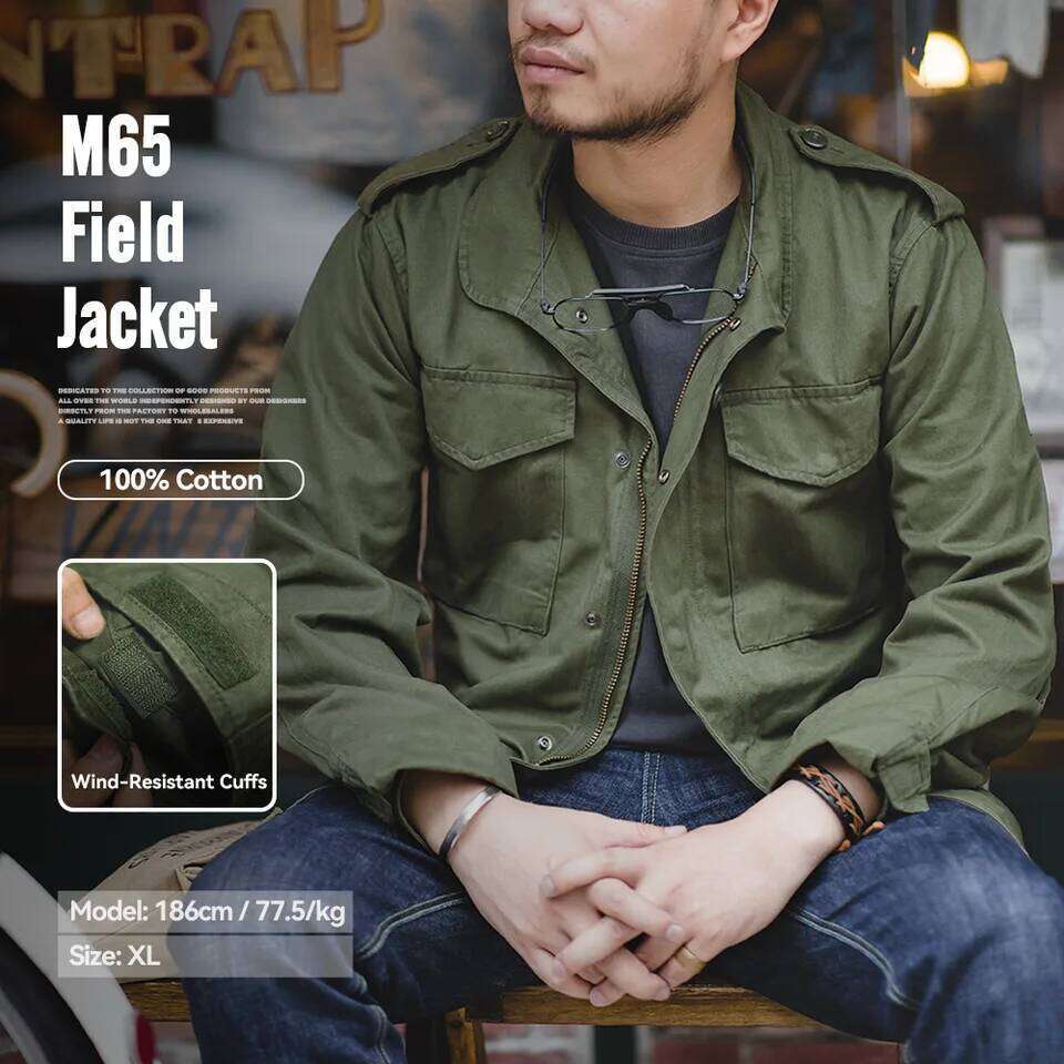 Maden Military M65 Field Jackets For Men's Green Vintage Army Jacket Casual Windbreaker Solid Lapel Collar with Pockets Overcoat 26H0226