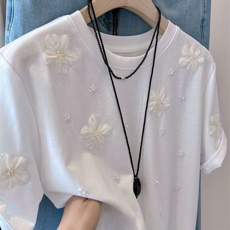 Fashion Sweet 3D Camellia Embroidery T-Shirts 2025 Summer New Tops Women Short Sleeve Loose Tee Shirt