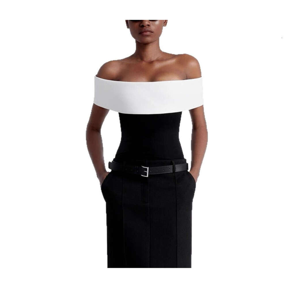 New designer niche fashion black and white contrasting color off shoulder slim fit multifunctional knitted women's top 2026