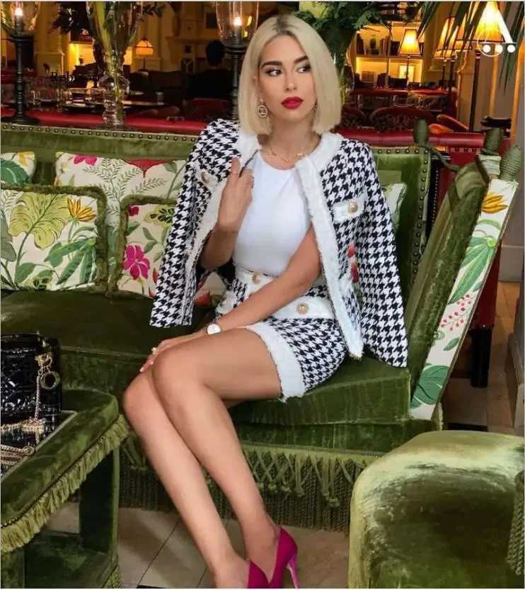 Women's Houndstooth Tweed Two Piece Set, Frayed Trim Gold Button Jacket & Mini SkirtT260226