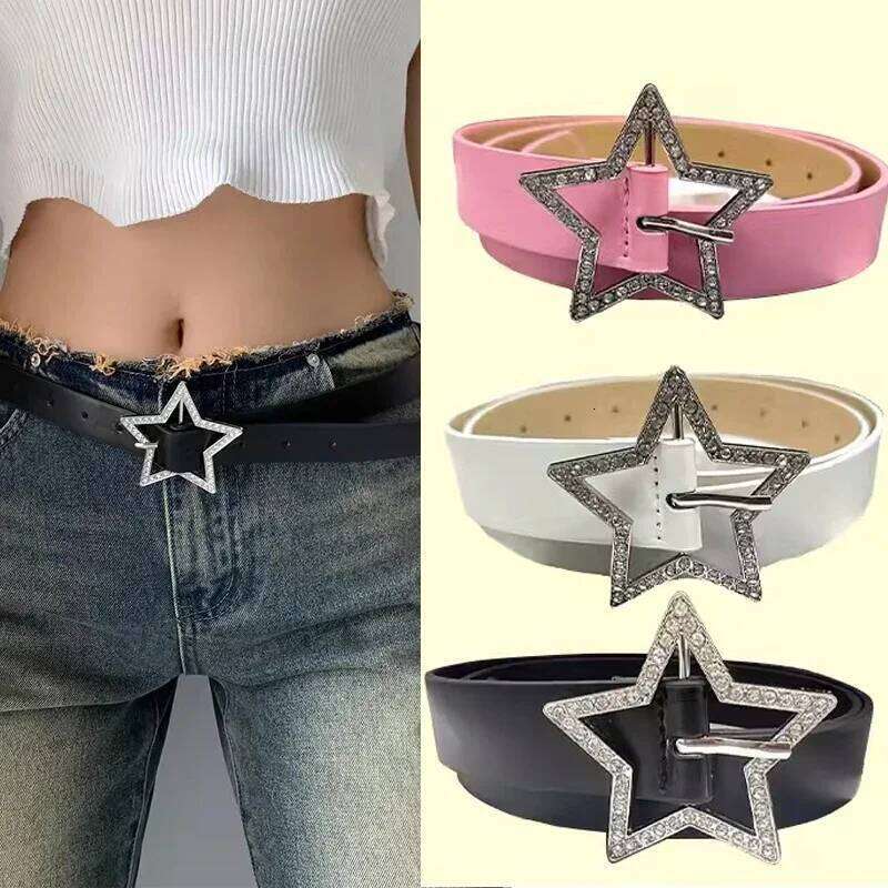 Kawaii Pink Star Belt for Women Jeans Buckle Adjustable Black Gothic Cute PU Leather Belts Korean Fashion Y2k Accessories Y260225