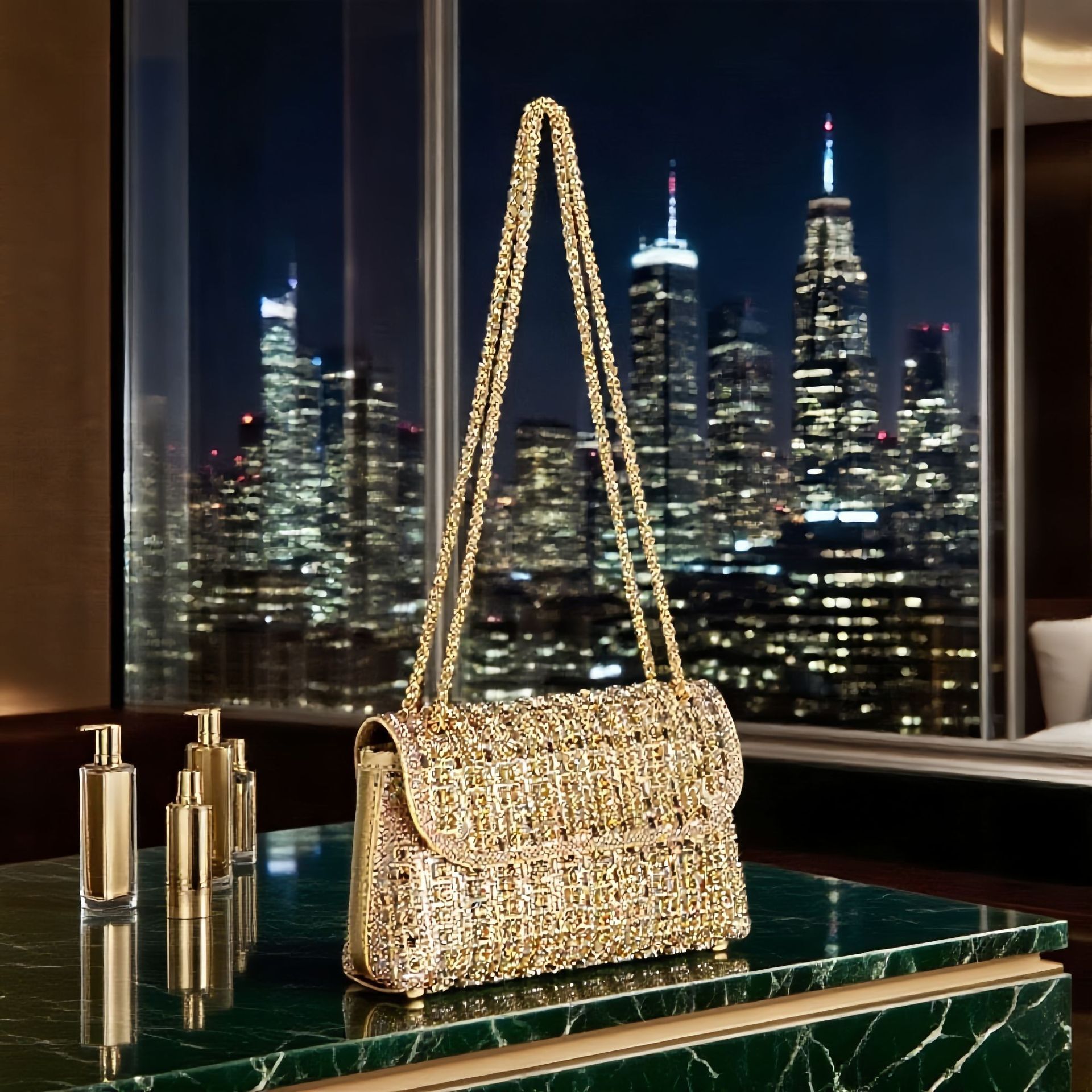 Hot Selling Women's Bag Cross-Border European and American Style Gold Chain Sparkling Diamond Underarm Bag Evening Bag Fashion Handbag Retro Sing