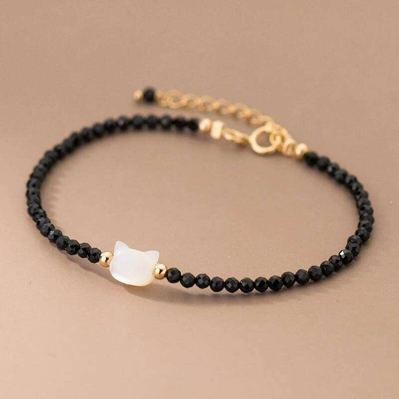 Modian 925 Sterling Silver Vintage Black Round Crystal Cute Cat Link Chain Bracelet For Women Party Jewelry Gifts Z260225