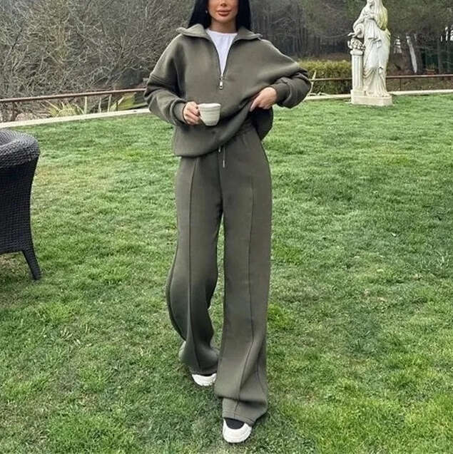 Designer Women's Fashion Half Zipper Sports Hoodie Loose Casual Autumn/Winter Pants Two Piece Set 2026