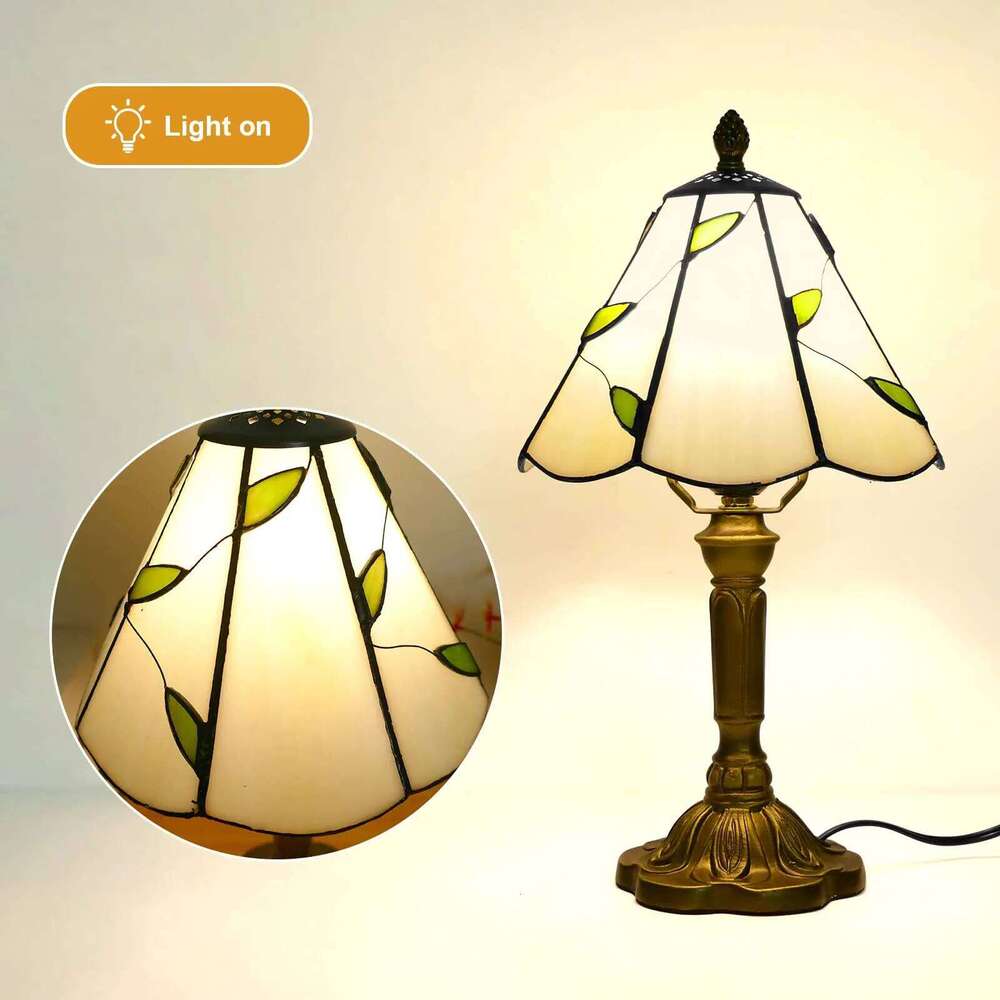 Beige Leaves Style Tiffany Table Bedside Nightstand Lights Vintage Desk Lamp Stained Glass for Living Room, Bedroom, H260225