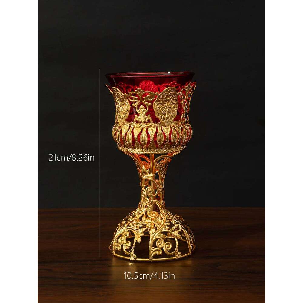 Cross-border hot selling metal red glass bowl cup European style ornament candle holder W260226