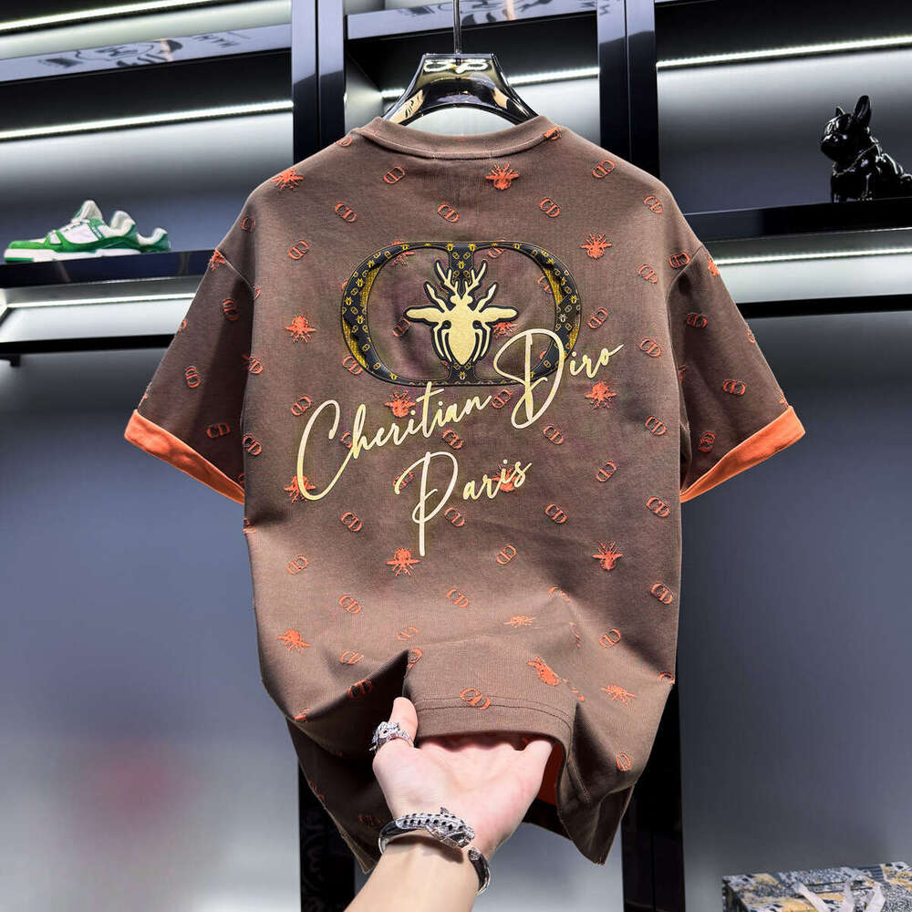 European Style Men's High-End Burnt Flower Bee Short T-Shirt New Summer Trendy Loose American Light Luxury Half Sleeve