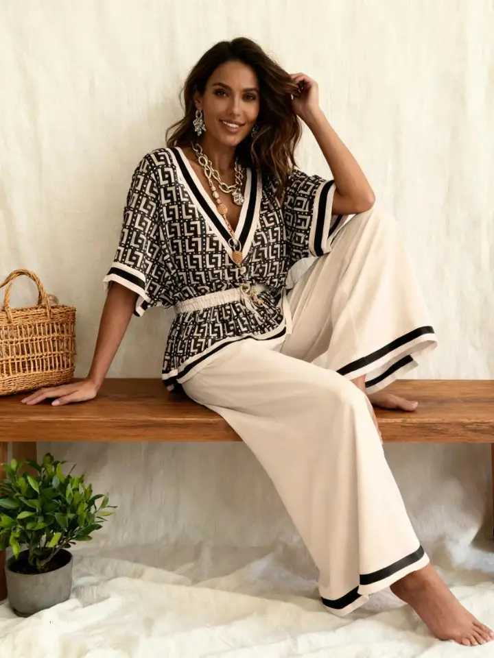 Freeacy Summer Casual Suit for Women Deep V-neck Half Sleeve Printed Top & High Waist Wide Leg Pants Thin OutfitT260226
