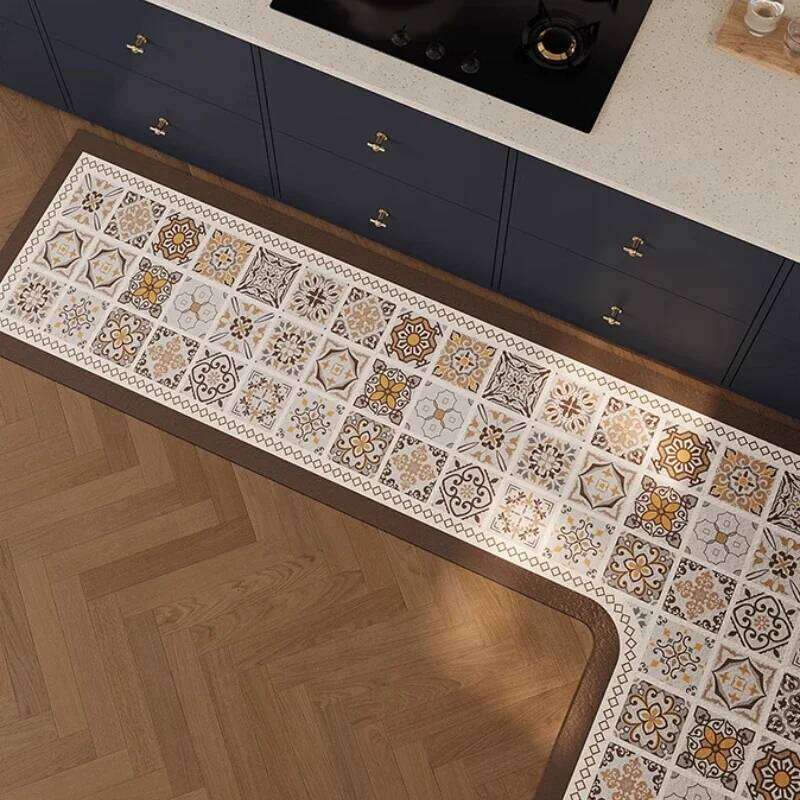 Corner L-shaped Kitchen Carpet Retro Floral Pattern PVD Floor Ethnic Style Plaid Waterproof Rug Non-slip Scrubbable Foot Mat W260226