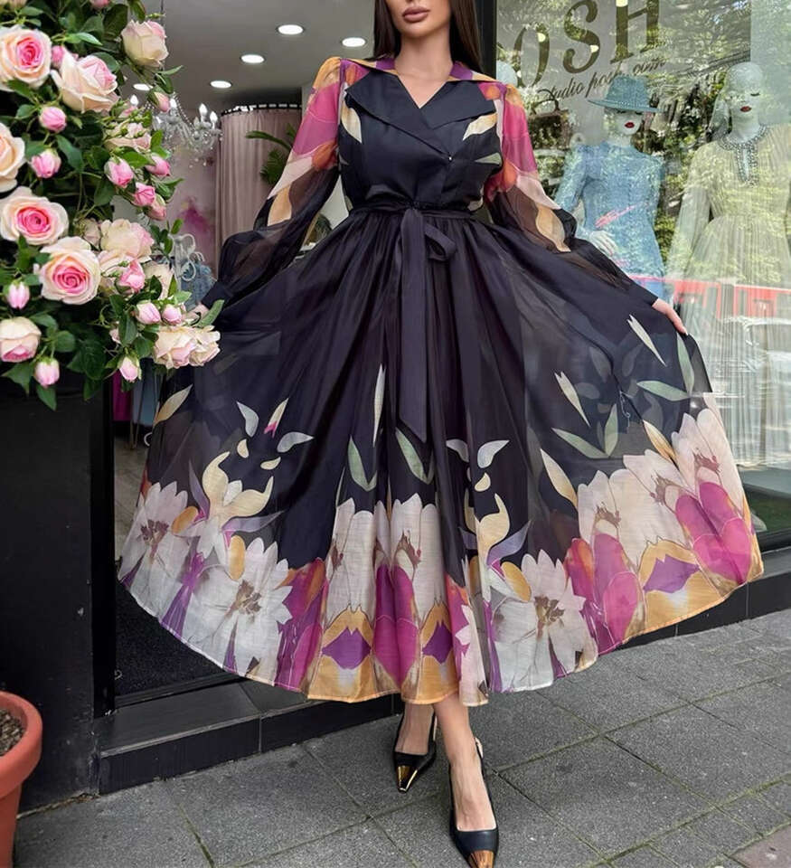 2026 autumn and winter European and American fashion goddess elegant loose flower tie waist casual suit collar long skirt
