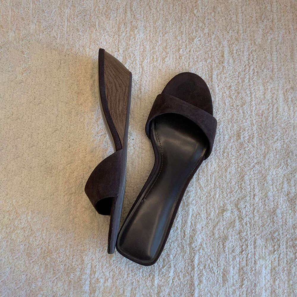 Vintage Simple Open-Toe Outdoor for Women Round Toe Slip-On Wood Grain Wedge Suede Slide Sandals L260210