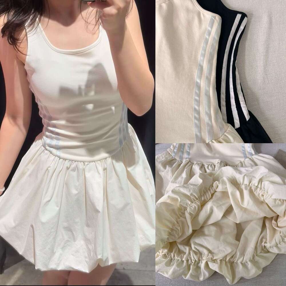Mardi Hefxessdr High end version Three stripes summer new fashion ballet style color blocking slim fit floral tank dress short skirt Half sleeved loos