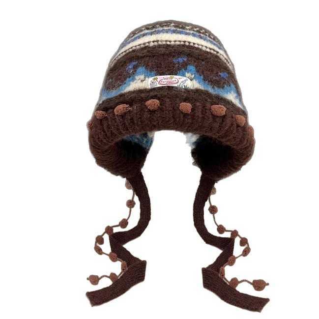 Fair Isle Color-Block Knitted Wool Hat for Women Autumn and Winter Versatile Large Head Circumference Face Slimming Ear Protection Warm Pullover Hat S