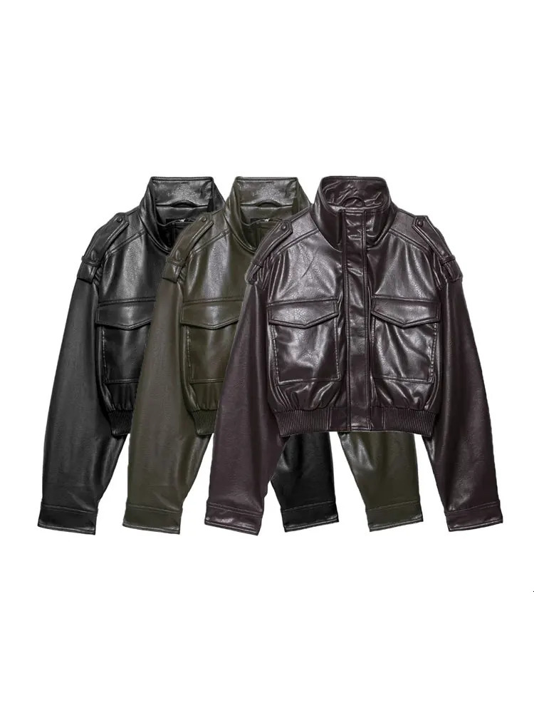 Womens Faux Leather Short Jacket Coat Long Sleeve High Collar Chic Top with Flap Pockets Female Outerwear 260128