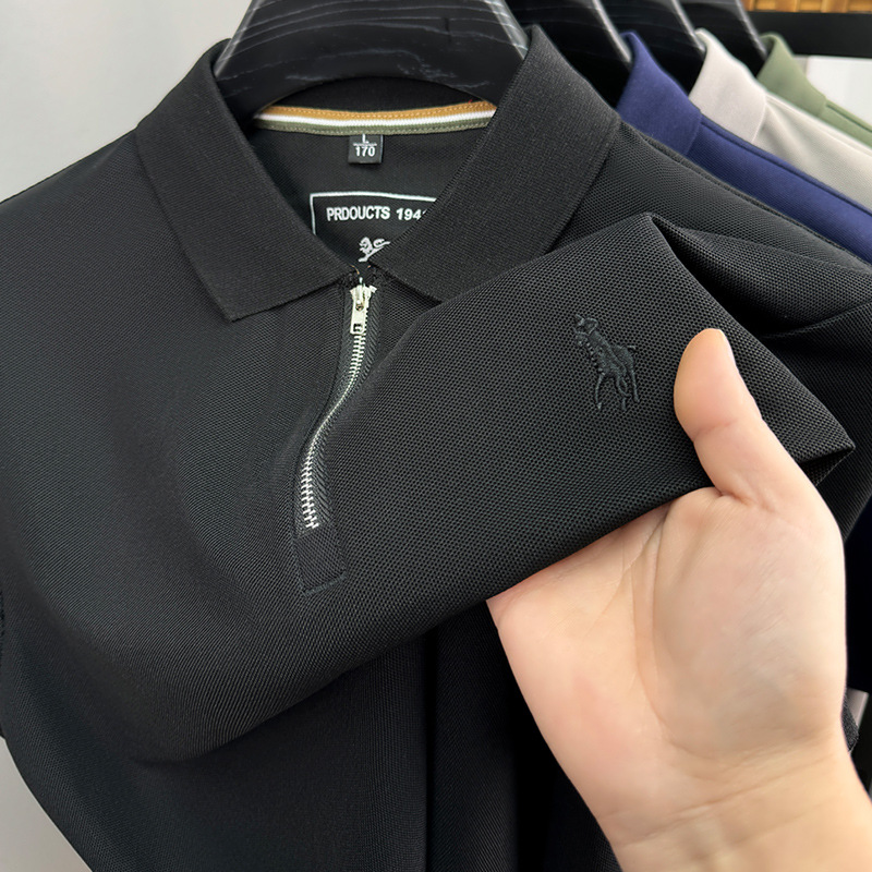 Mens Embroidered Pony Polo Shirt with Half Zipper - Trendy Short Sleeve Design