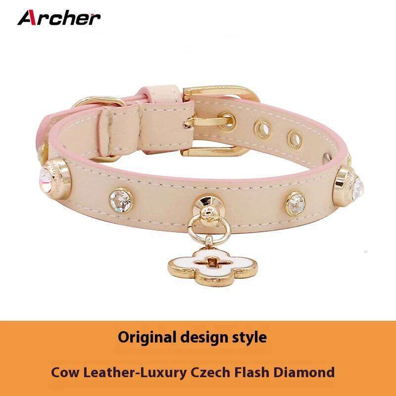 Achille Czech Diamond Nipple Nail Genuine Leather Neck Ring Teddy Schnauzer Pet Dog Collar with Metal Buckle