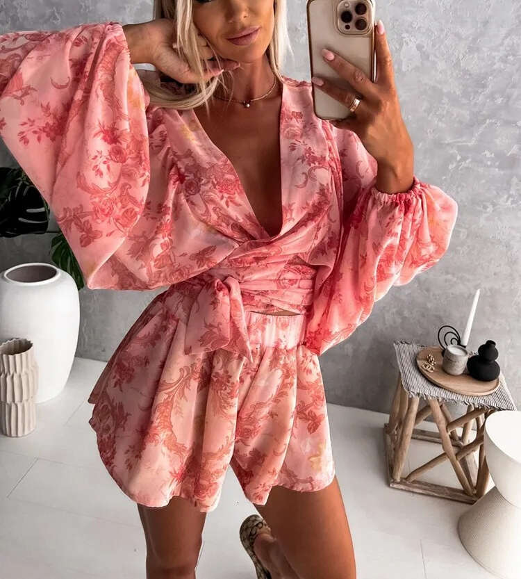 Sportswear sexy deep V-neck women's jumpsuit summer casual beach degree pretend fashion printed lantern sleeves