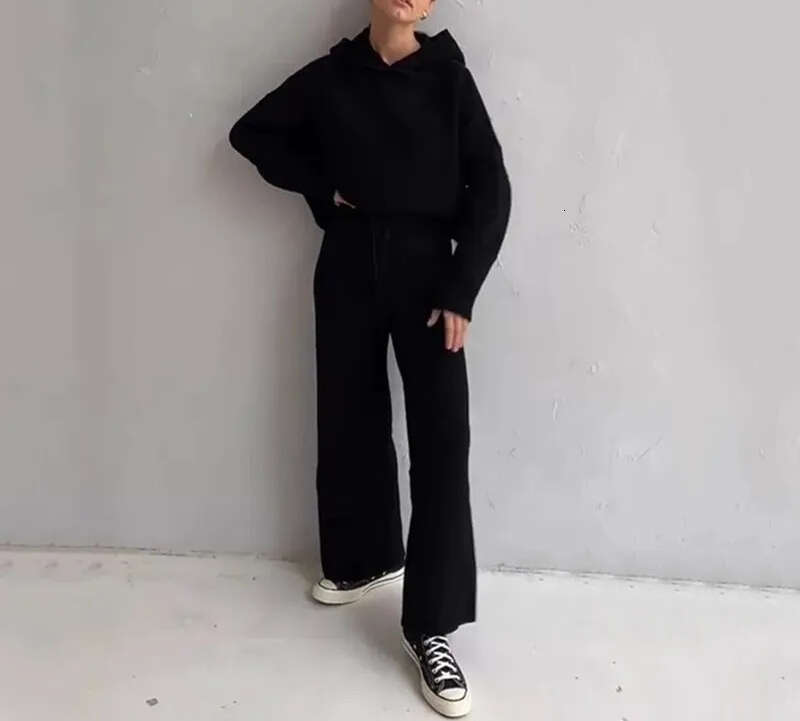 Women's Knitted Sports Set with Hoodie, Wide Leg Pants, Casual Home Sweater Two Piece Set 2026