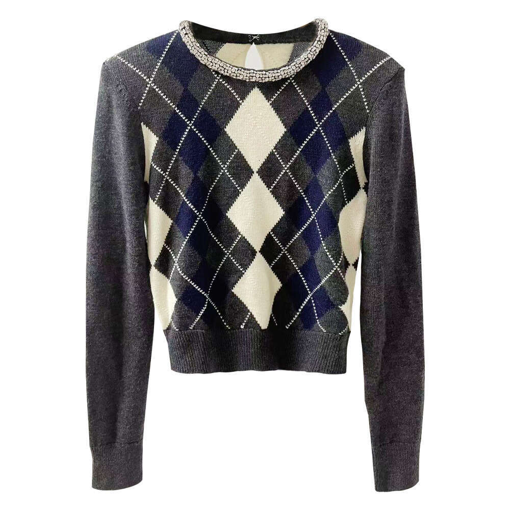 2026 Spring New Women's Round Neck Water Diamond Decorative Collar with Diamond Pattern Slimming Knitted Top