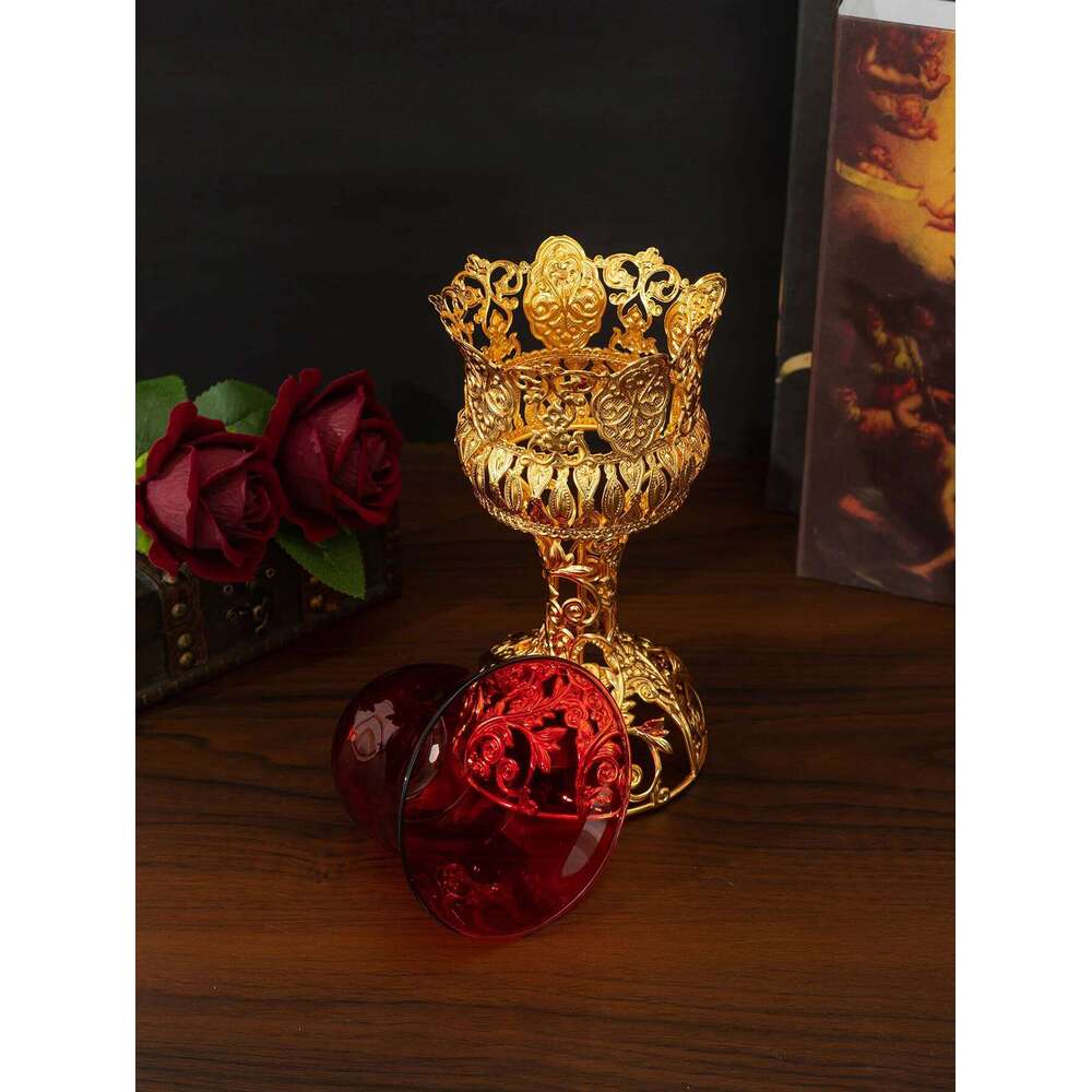 Cross-border hot selling metal red glass bowl cup European style ornament candle holder W260226